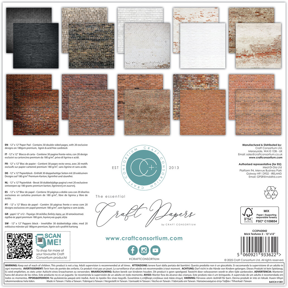 Craft Consortium PRE-ORDER Essential Craft Papers 12x12 Inch Paper Pad Brick Textures 2 (CCEPAD042)