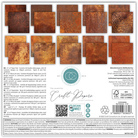 Craft Consortium PRE-ORDER Essential Craft Papers 6x6 Inch Paper Pad Rust Textures (CCEPAD043B)
