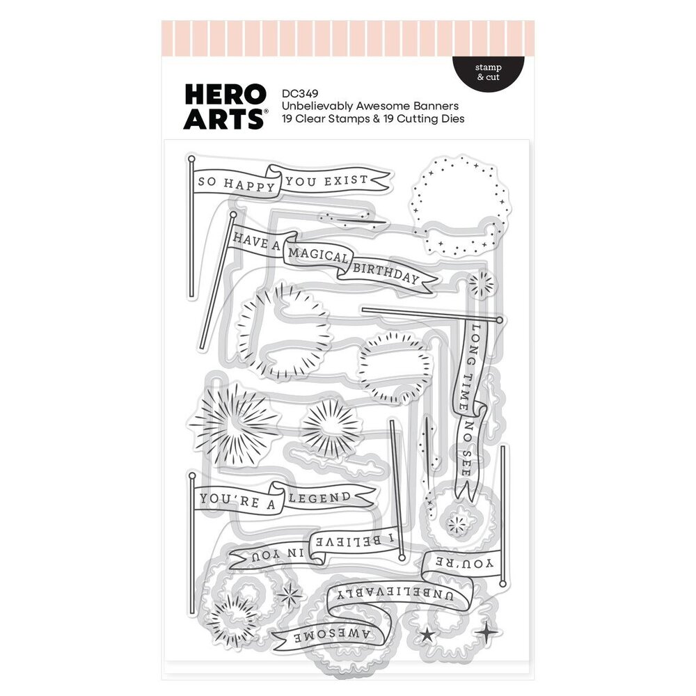 Hero Arts PRE-ORDER Don't Stop Believing Stamp & Die Unbelievably Awesome Banners (DC349)