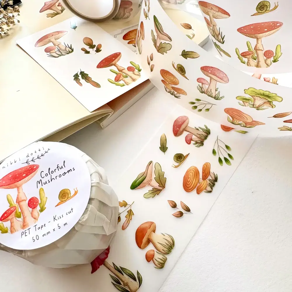 Nikki Dotti PET Tape 50mm Colorful Mushrooms (Kiss Cut)