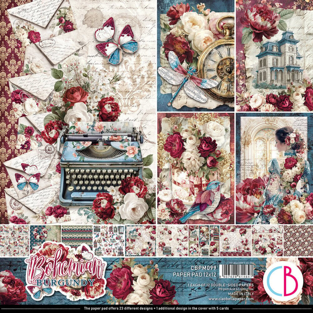 Ciao Bella Papercrafting Bohemian Burgundy 12x12 Inch Paper Pad (CBPM099)