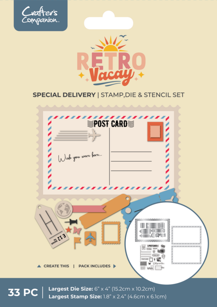 Crafter's Companion Retro Vacay Stamp, Die & Stencil Set Special Delivery (CC-RV-STD-STEN-SPDE) Crafter's Companion Retro Vacay Stamp, Die & Stencil Set Special Delivery (CC-RV-STD-STEN-SPDE)