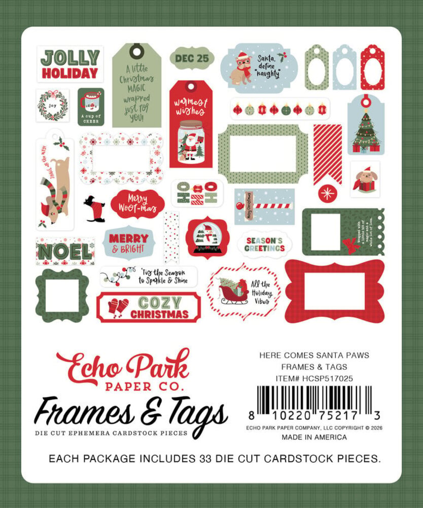 Echo Park Here Comes Santa Paws Ephemera Frames & Tags (HCSP517025)