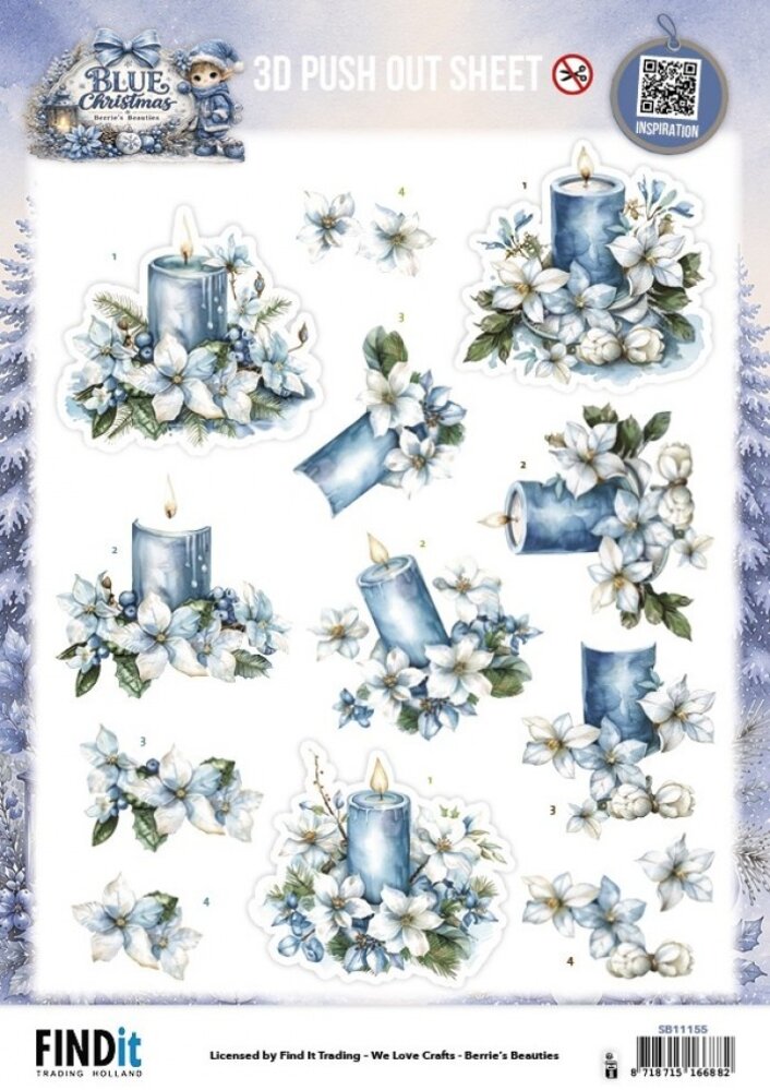 Berrie's Beauties Blue Christmas 3D Push Out Blue Candles And White Poinsettia (SB11155) Berrie's Beauties Blue Christmas 3D Push Out Blue Candles And White Poinsettia (SB11155)