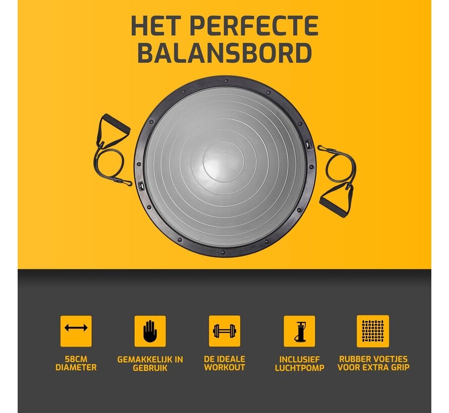 Balance Board - Balansbord - Balansbal - Grijs - 58cm - Incl. pomp en weerstandsbanden