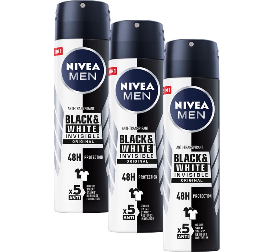 Men Invisible Black & White Original - Deodorant Spray - 3x 150ml