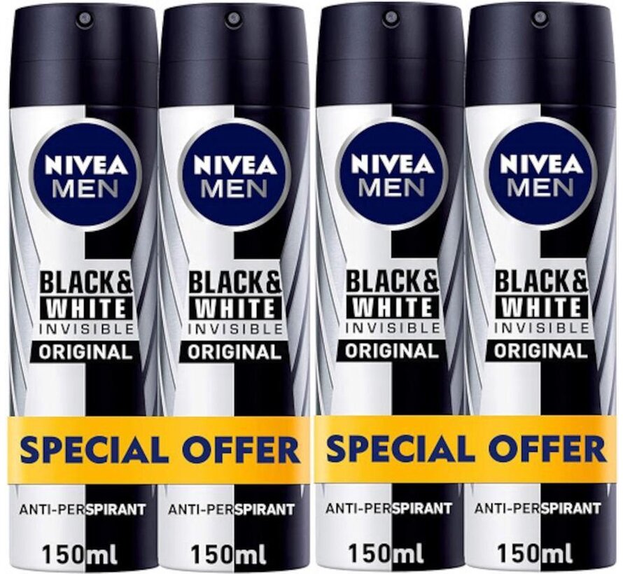 Men Invisible Black & White Original - Deodorant Spray - 4x 150ml