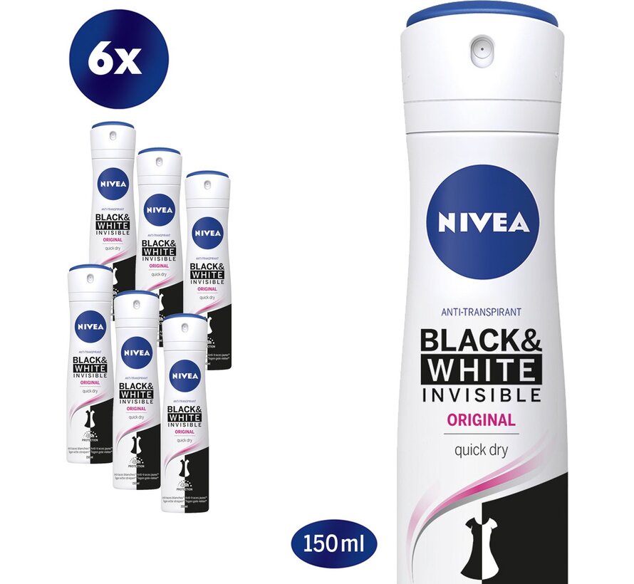 Invisible Black & White Original Clear - Deodorant Spray - 6x 150ml