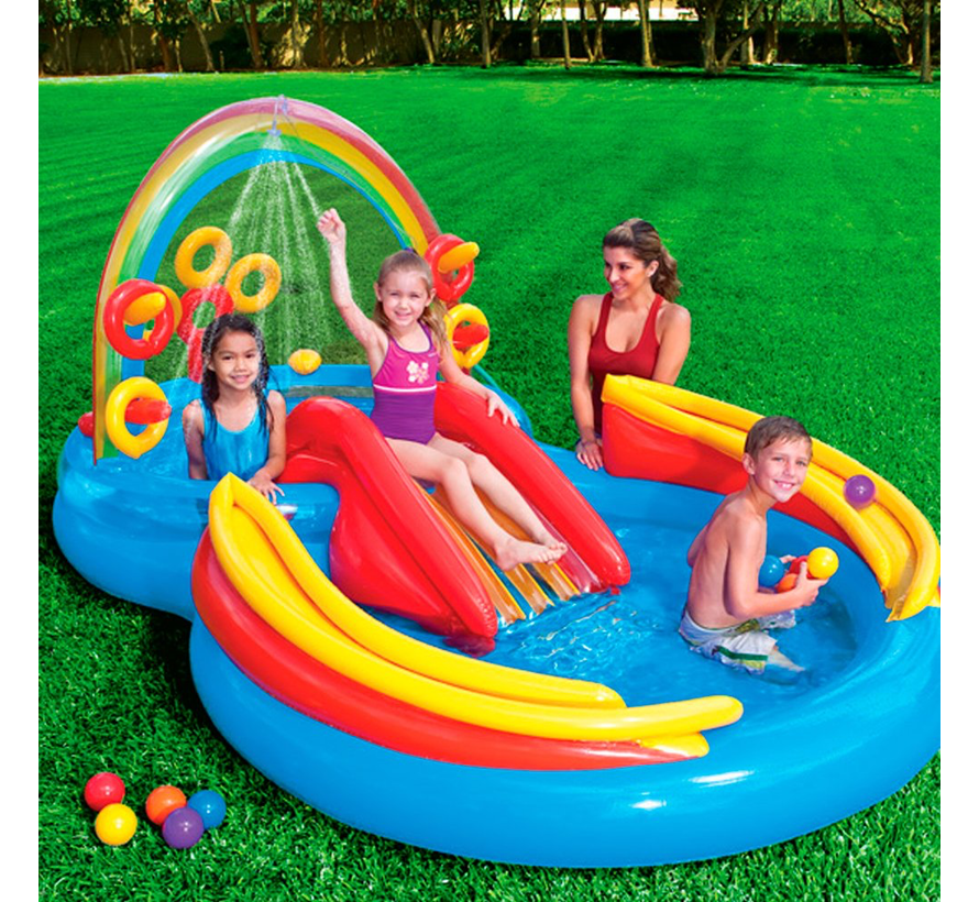 Opblaasbaar speelzwembad - Regenboog met glijbaan (297x193x135cm)