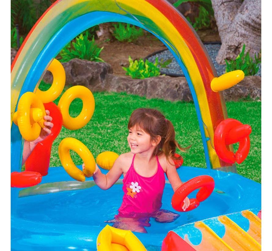 Opblaasbaar speelzwembad - Regenboog met glijbaan (297x193x135cm)