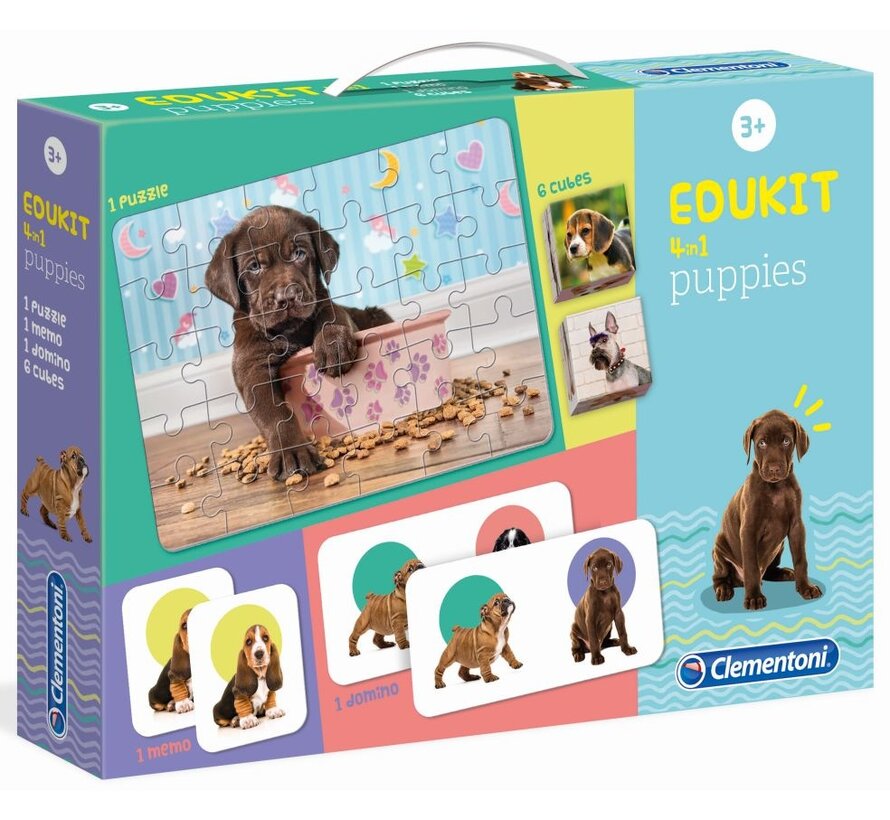 Edukit 4in1 Puppies (puzzelblokken, domino spel, puzzel 30 stukjes en memo)