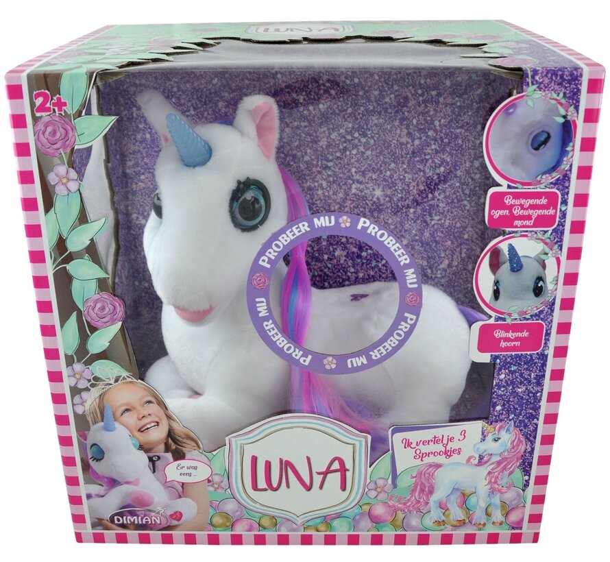 Pluche Luna Unicorn - 3 verhaaltjes - verlichte eenhoorn - bewegende ogen - 36cm hoog