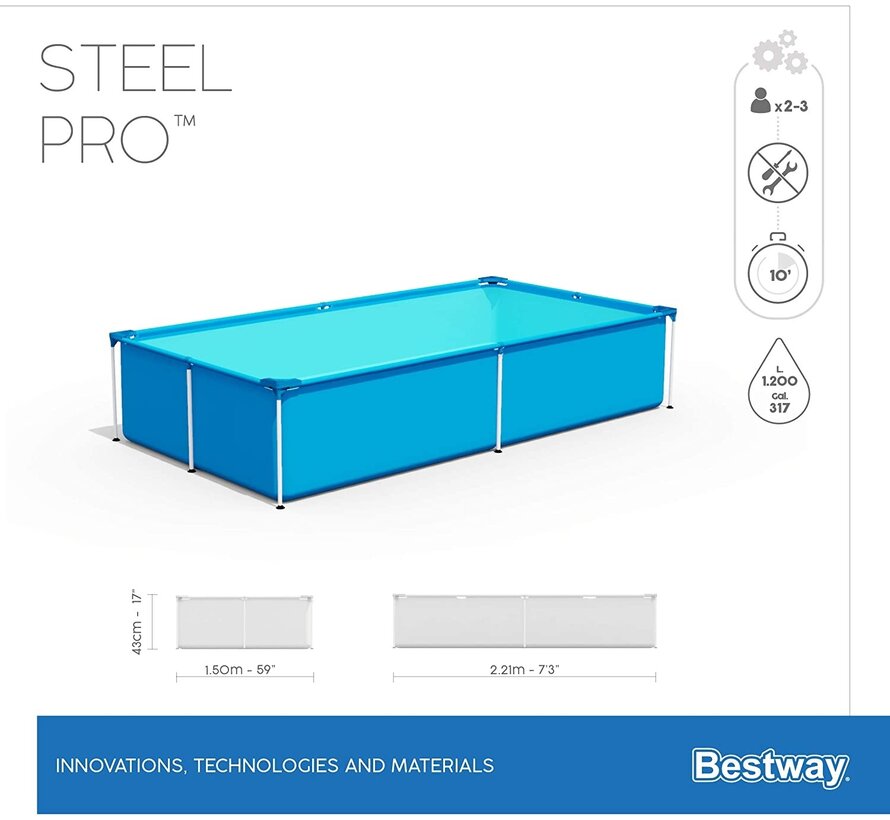 Steel Pro - metalen frame zwembad - rechthoekig - 221x150x43cm