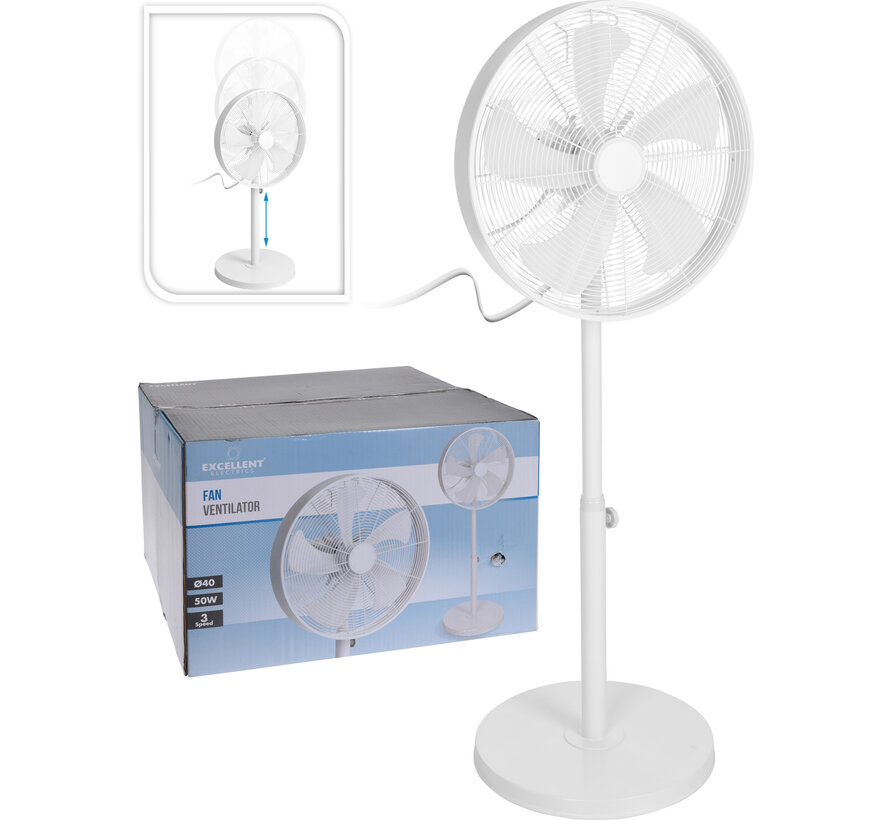 Luxe staande ventilator - wit - 3 snelheden - Ø40cm diameter - 50 Watt - verstelbaar in hoogte 90cm -125cm