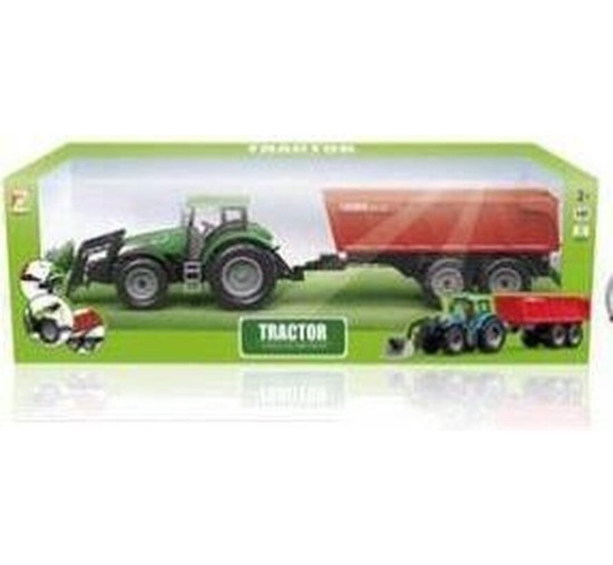 1:32 TRACTOR MET AANHANGWAGEN 52x11x15,5cm ass