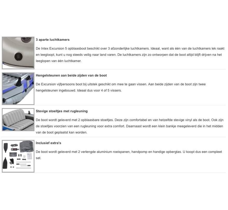 5-Persoons opblaasbare boot set - Excursion 5 - 366cm lang x 168cm breed x 43cm hoog