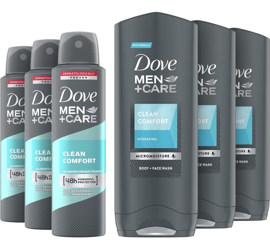 Men+Care Clean Comfort - 3x150ml Deodorant Spray + 3x 250ml Douchegel