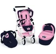 Huismerk Poppenwagen / poppenbuggy KOETS KROON - 3 delige set - blauw / roze - buggy - maxi Cosi - draagmandje