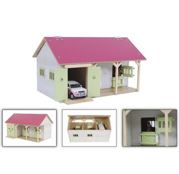 Kids Globe PAARDENSTAL roze MET 2 BOXEN EN BERGING 1:32 34X2