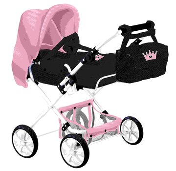 Huismerk Poppenwagen KOETS COMBI  2 MET ZAK kroon blauw / roze