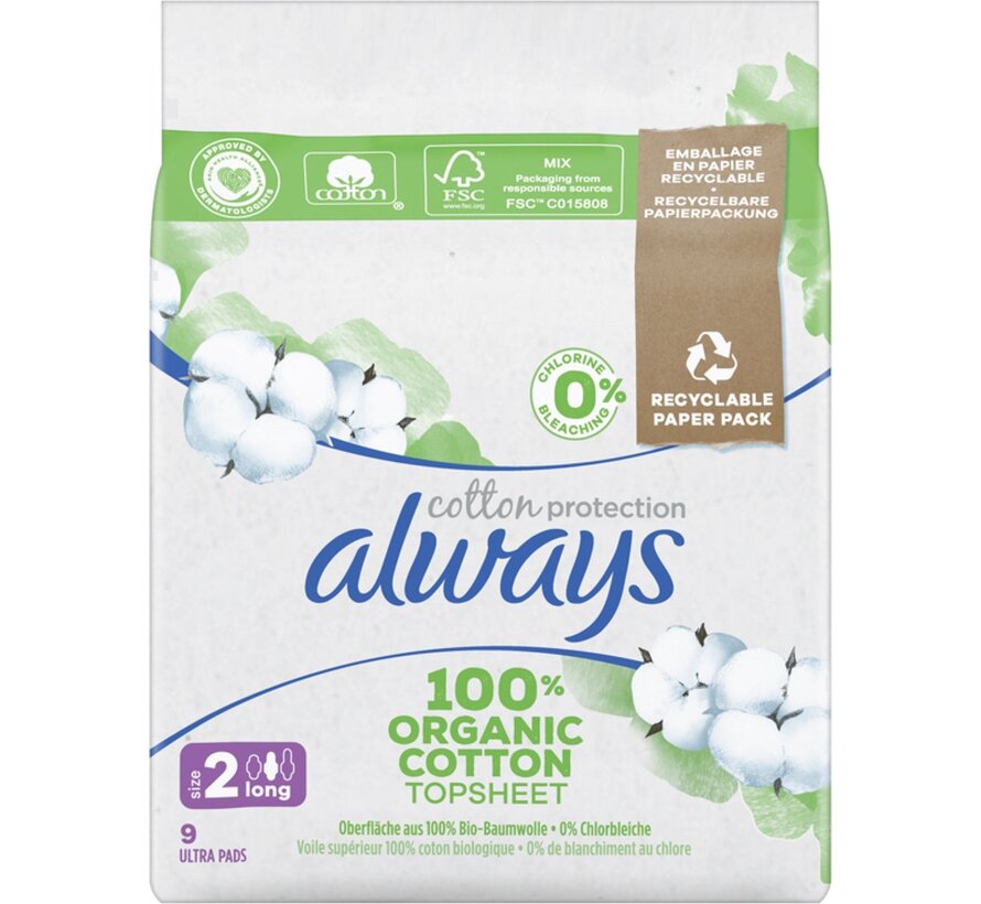 Maandverband met Vleugels - Maat 2 Long - Katoen Protection - 9 stuks