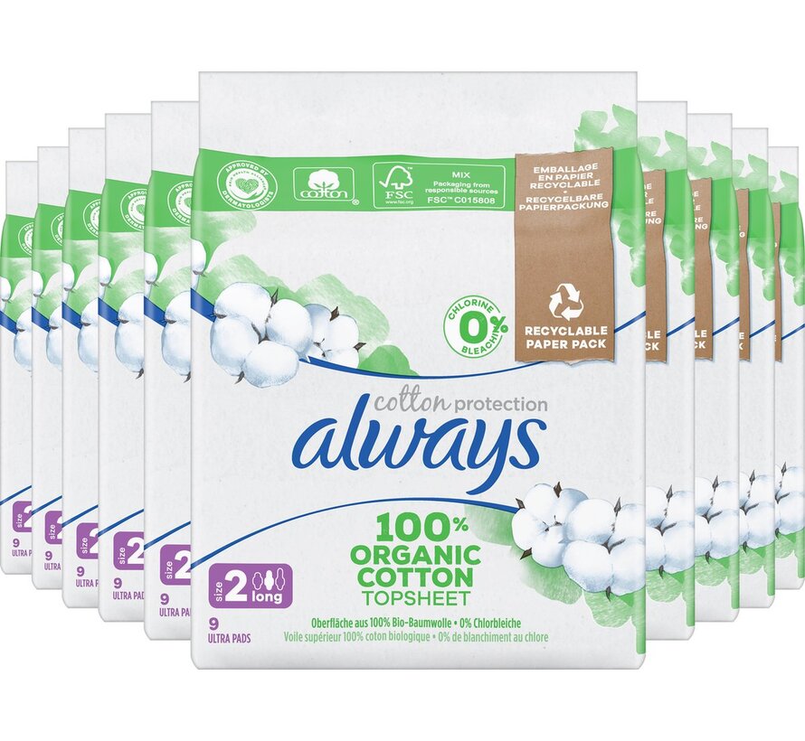 Maandverband met Vleugels - Maat 2 Long - Katoen Protection - 10x 9 stuks