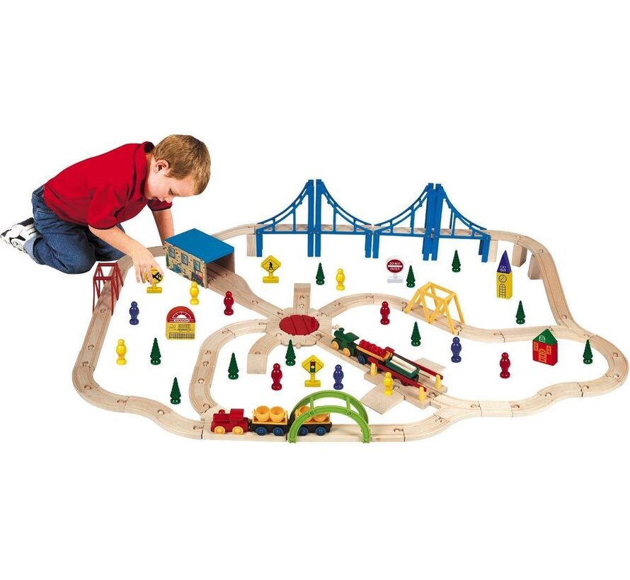 First Learning - Houten Trein Set - 100 Stuks - In Opbergbak