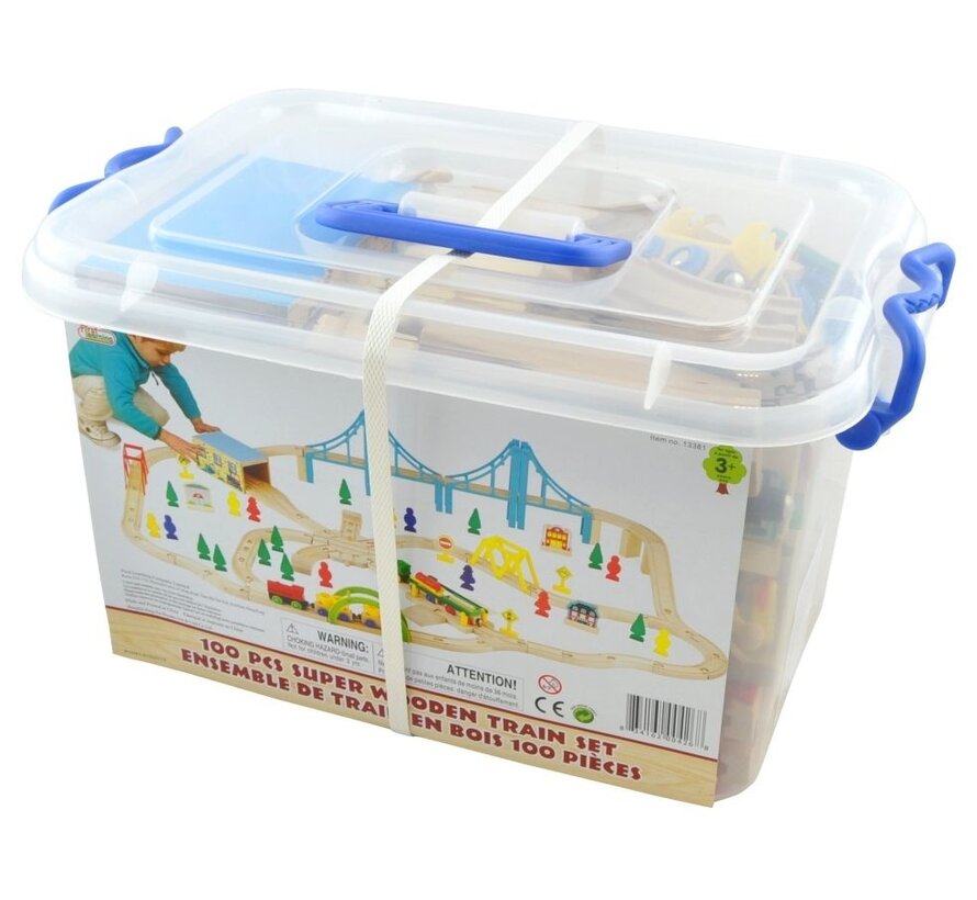 First Learning - Houten Trein Set - 100 Stuks - In Opbergbak