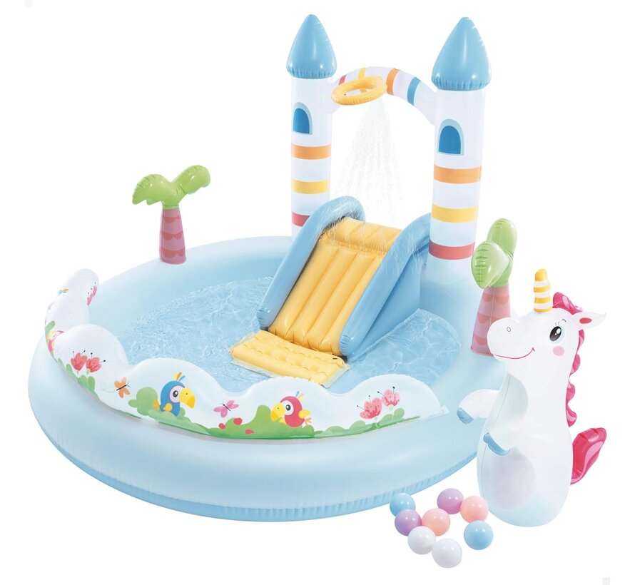 Opblaasbaar speelzwembad - Unicorn Castle - met glijbaan - 196x178x127cm