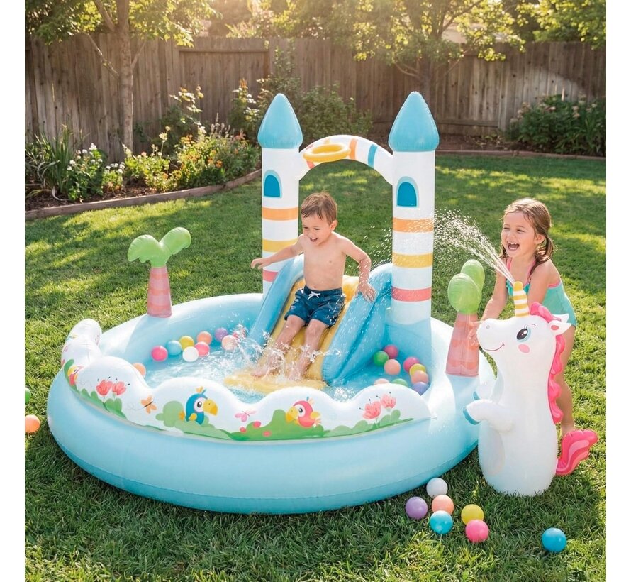 Opblaasbaar speelzwembad - Unicorn Castle - met glijbaan - 196x178x127cm