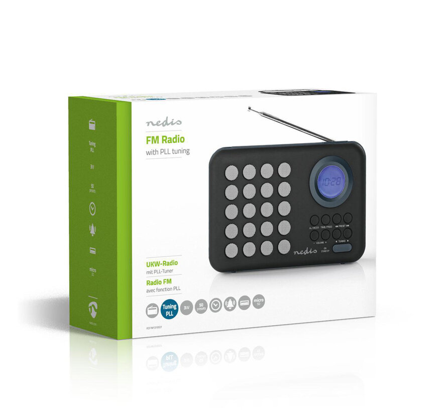 FM radio klok - Wekker - PPL - 3W - zwart/grijs - MicroSD + USB