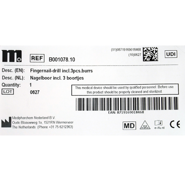 Medipharchem Nagelboor met 3 boortjes - handmodel