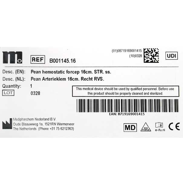 Medipharchem Arterieklem Pean - 16 cm – Recht
