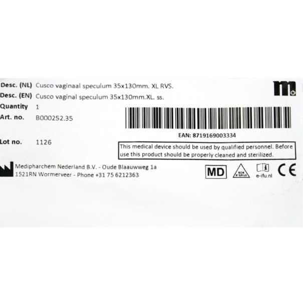 Medipharchem Vaginaal Speculum Cusco 35 x 130 mm  (XL) - RVS