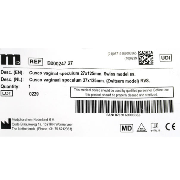 Medipharchem Vaginaal Speculum Cusco 27 x 125 mm – RVS (Zwitsers model)