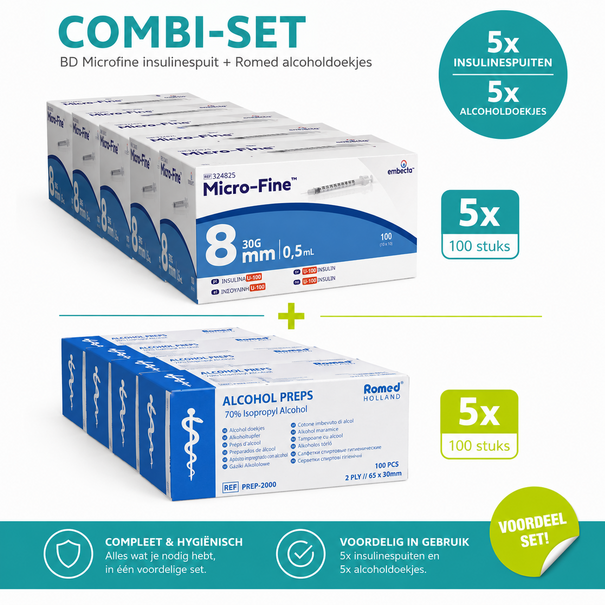 Becton Dickinson Voordeelset 5x BD Micro-Fine Insulinespuit 0,5ml U100 + 5x Romed Alcoholdoekjes PREP-2000 (100 stuks)