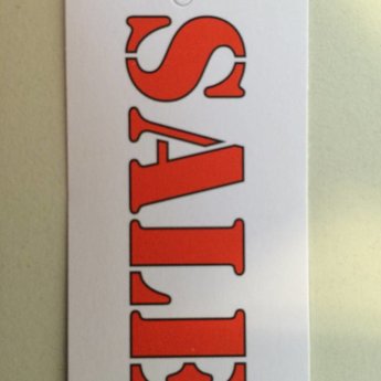 Hangetiket 35x70 mm bedrukking in zwart en rood:  SALE          250st