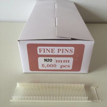 Nylon textielpins / riddersporen / tagpins  20mm fijn      5000st, materiaal Nylon-66 (hoogste kwaliteit) en 50 pins per clip.