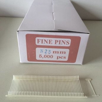 Nylon textielpins / riddersporen / tagpins  25mm fijn      5000st, materiaal Nylon-66 (hoogste kwaliteit) en 50 pins per clip.