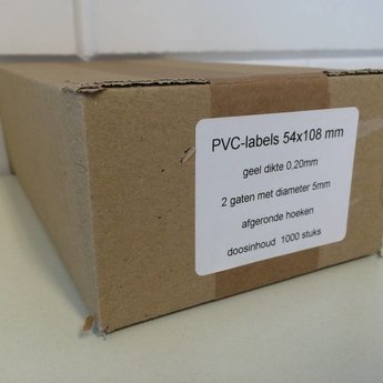 PVC labels 54x108 mm geel dikte 0,20mm 2 gaten 5mm, afgeronde hoeken, doosinhoud  1000 stuks.