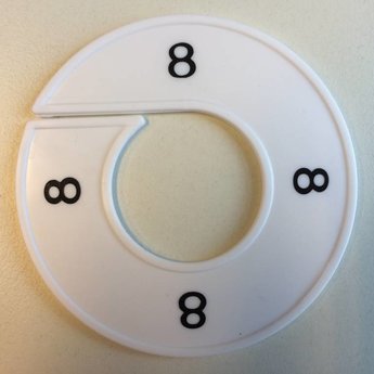 Maatring 9 cm wit/zwart   8<br />
Diameter van de maatring is 9cm, en de diameter van het gat is 4cm.