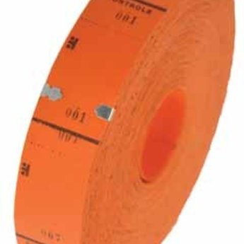 Ticketrol met controlestrookje, kleur oranje, afmeting 30x65mm, genummerd van 1-1000.