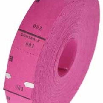 Ticketrol met controlestrookje, kleur fuchsia-rose, afmeting 30x65mm, genummerd van 1-1000.