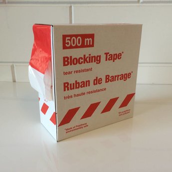 Afbakeningslint - afzetlint 500 m x 8cm wit/rood. Materiaal is van Polyethyleen, het is grondwaterneutraal en milieuvriendelijk.