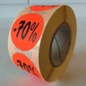 Etiket fluor rood rond 27mm diameter -70 procent   500/rol, kleefkracht permanent. Kortingsetiketten, procentetiketten, afprijs-etiketten.