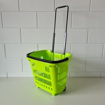 Winkelmand >Shop en Roll< op rubberen wielen lichtgroen Ral 6032 / pantone 361, met uitschuifbaar handgreep van aluminium, hoogte 90cm.