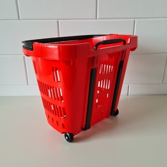 Winkelmand >Shop en Roll< op rubberen wielen rood Ral 3020 / pantone 1797C, met uitschuifbare handgreep van aluminium, hoogte 90cm.