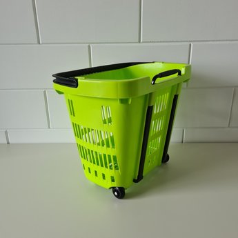 Winkelmand >Shop en Roll< op rubberen wielen lichtgroen Ral 6032 / pantone 361, met uitschuifbaar handgreep van aluminium, hoogte 90cm.