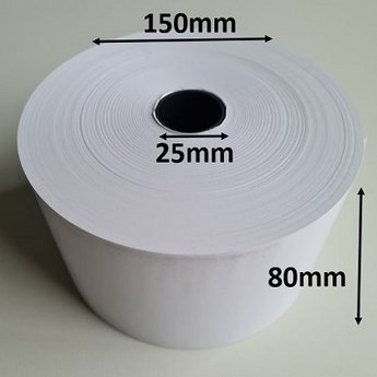 Thermorol 80x150x76mm wit.  Diameter van de kern is dus 76mm. Papier 55 grams/m2 , lengte 210 meter. Is speciale aanmaak artikel, derhalve af te nemen per 250 rollen.