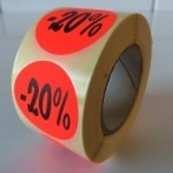 Etiket fluor rood rond 27mm diameter -20 procent   500/rol, kleefkracht permanent. Kortingsetiketten, procentetiketten, afprijs-etiketten.